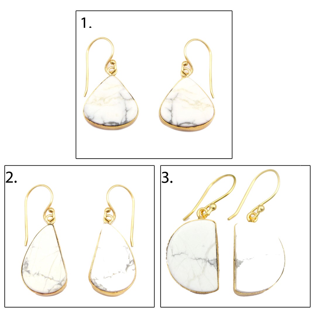 Natural Howlite Earrings, White Gemstone Jewelry, Yellow Gold Plated