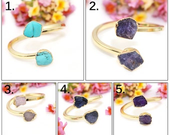 Timeless Beauty Real Raw Gemstone Rings, Natural Rose Quartz Rings, Gold Electroplated Rings, Two Stone Rings, Raw Sapphire Turquoise Rings