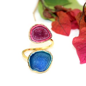 Natural Geode Druzy Rings, Agate Geode Gold Plated Adjustable Rings, Statement Rings, Crystal Druzy Ring, Gift For Her Double Stone Ring
