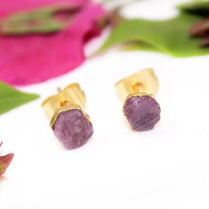 Natural Red Ruby Raw Stud Earrings, June Birthstone Tiny Stud, Raw Gemstone Stud, Dainty Earrings, Gold Electroplated Ruby Stud Earrings Her
