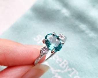 SHINee Ring With Oval Nano Tourmaline Paraiba & CZ Flowers/ White gold plated sterling silver