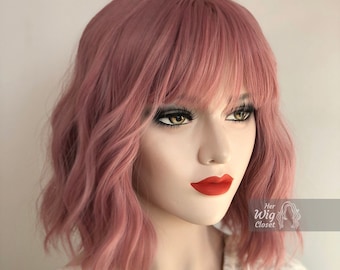 Dusty Rose Pink Wig Wavy Hair Bob Wig with Bangs Pink Cosplay Wig Party Hair Her Wig Closet Katy