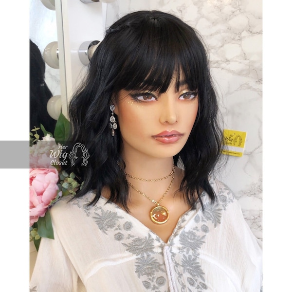 Natural Black Wavy Wig with Bangs Her Wig Closet Mathilda