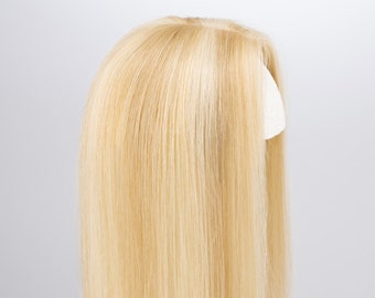 Honey Blonde with Platinum Blonde Highlight Balayage Mono Top European Human Hair Topper 14 Inches