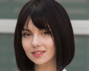 Black Human Hair Wig with Bangs Bob Cut Wig Straight Hair Wig with Bangs Natural Black Real Hair Wig