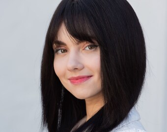 Real Human Hair Wig Black Straight Wig Long Bob Cut Wig Natural Human Hair Black Wig with Bangs