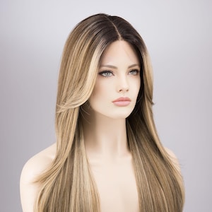 Dark Roots Ombre Ash Blonde Honey Blonde Balayage Straight Lace Wig Nyla