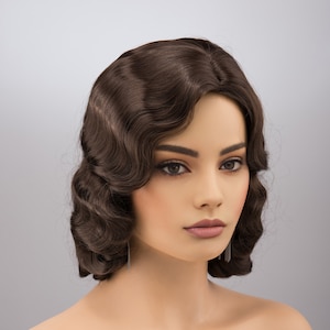 Natuurlijke bruine donkerbruine vingergolf korte pruik Great Gatsby Halloween-feestkostuum Pruik Margot