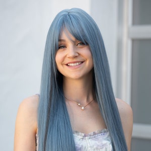 Ash Blue Wig with Bangs Blue wig with Black Highlights Long Straight Blue Cosplay Wig Erio