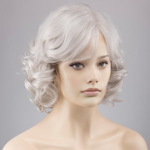 Ash Grey Side Part Wavy Curly Short Bob Wig with Bangs Octavia