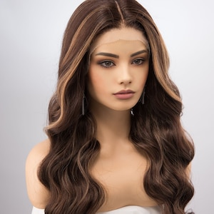 Natural Brown with Dark Blonde Highlight Balayage Lace Wig Middle Part Madeline