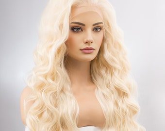 Platinum Blonde Wig Long Blonde Lace Front Wig 13&quot; x 4&quot; Large Wavy Blonde Curly Wig Blonde Cosplay Wig Drag Queen Wig IBBIE