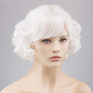 Könnte beinhalten: Eine weiße Perücke mit kurzem, lockigem Stil. Die Perücke hat einen Seitenscheitel und einen Pony, der das Gesicht umrahmt. Das Haar ist von heller, einfarbiger weißer Farbe. Die Perücke wird auf einem Schaufensterkopf präsentiert.