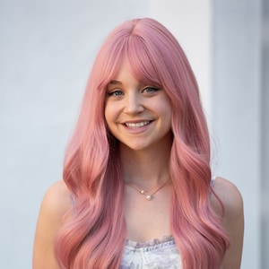 Pastel Pink Wig With Bangs Long Wavy Pink Wig Party Cosplay Wig Drag Queen Wig Jessica