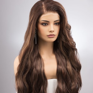 Brown with Blonde Highlights Wig Balayage Brown Blonde 13&quot; X 6&quot; Lace Front Wig Large Lace Top Wig Drag Queen Wig Cosplay Mallory