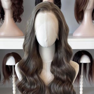 Hazel | 26" Dark Ash Golden Brown Wavy Lace Front Wig with Unique Green Undertones