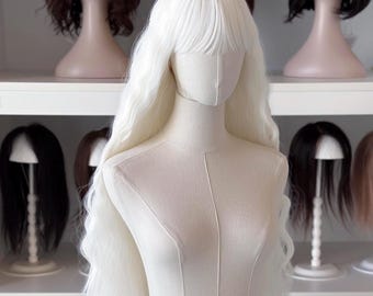 40" Extra Long Platinum White Mermaid Wave Wig with Bangs - Thea - Icy White Heat Resistant Synthetic Hair - Cosplay, Fantasy, Drag Queen