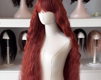 Peluca extralarga de 101 cm (40") con ondas de sirena y flequillo - Rojo cereza y cobre - Cabello sintético resistente al calor - / Cosplay, drag, peinados de fantasía Niamh