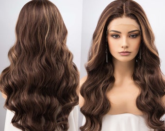 Natural Brown with Dark Blonde Highlight Balayage Lace Wig Middle Part Madeline