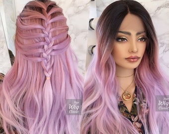 Pastel Pink Purple Wig Long Wavy Lace Front Wig Dark Roots Pink Ombre Wig Party Hair Loss Wig Cosplay Drag Wig Her Wig Closet Kylie