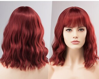 Red Wig with Bangs Dark Burgundy Wig Short Wavy Bob Wig Realistic Wig Leslie