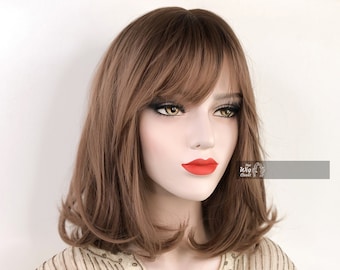 Dark Brown Wig with Bangs Pastel Pink Ombre Straight Wavy Long Bob Wig with Bangs 14&quot; Her Wig Closet Ava