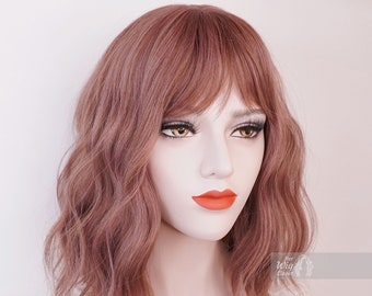 Smokey Pink Wig Grey Dusty Rose Pink Wig Wavy Wig with Bangs Cosplay Wig Her Wig Closet Keily