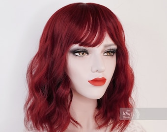 Burgundy Red Wavy Wig with Bangs | Her Wig Closet | Leslie