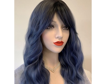 Dark Brown Ash Blue Gray Ombre Wavy Wig with Bangs | Her Wig Closet | Odeta