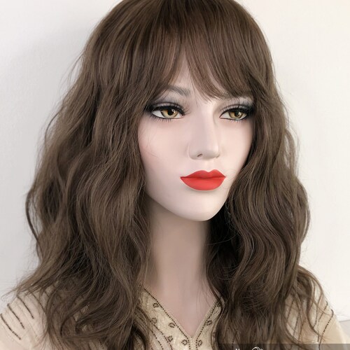 Burgundy Red Wavy Wig With Bangs Gift for Her Leslie Etsy