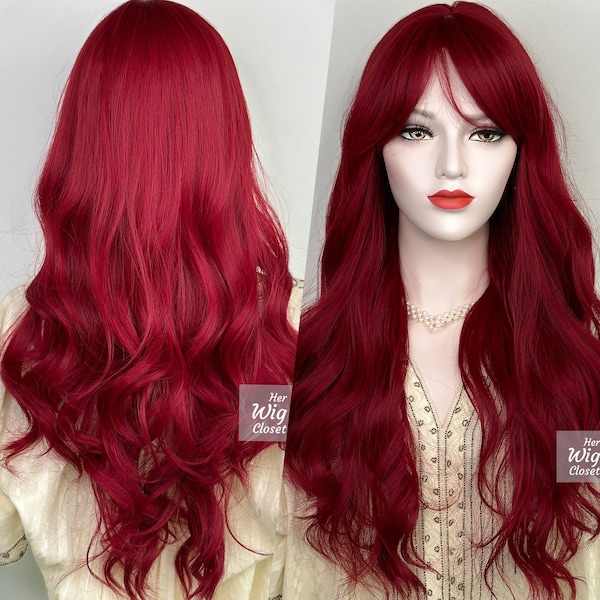 Red Hair Burgundy Wig Long Wavy Wig with Bangs Little Mermaid Cosplay Wig Hair Party Hair Loss Alopecia | Her Wig Closet | Aria