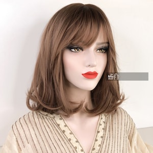 Dark Brown Wig with Bangs Pastel Pink Ombre Straight Wavy Long Bob Wig with Bangs 14" Her Wig Closet Ava