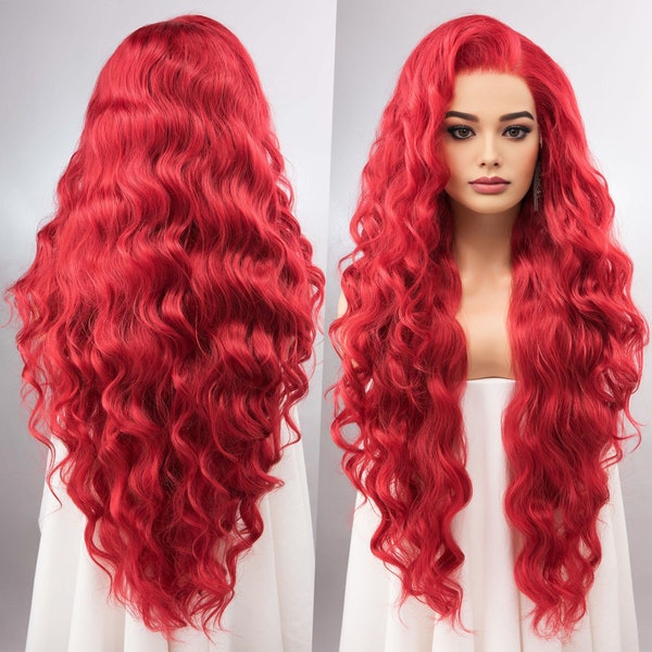 Rode pruik lange Lace Front pruik kleine zeemeermin pruik Aquaman Mera cosplay pruik 13 "X 4" grote Lace Front golvende lange pruik Drag Queen pruik AMAYA