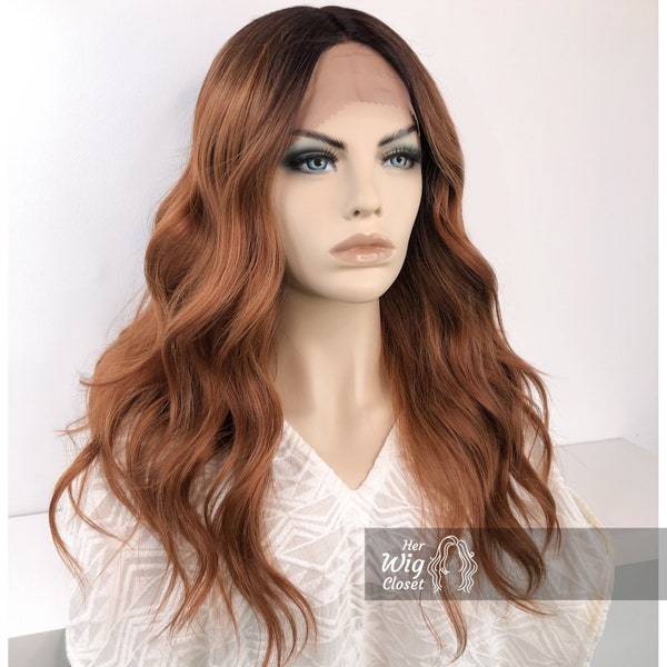 Dark Roots Copper Blonde Ombre Wavy Lace Front Wig 16" | Her Wig Closet | Cassia