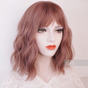 Smokey Pink Wig Grey Dusty Rose Pink Wig Wavy Wig with Bangs Cosplay Wig Her Wig Closet Keily