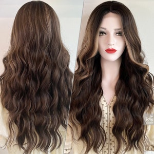 Natural Brown Brunette with Blonde Highlight Long Wavy Small Lace Wig | Her Wig Closet | Naomi