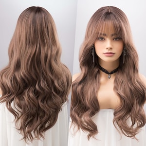 Medium Brown Wig with Bangs Chestnut Brown Long Wavy Wig Coffee Color Ombre Hair Party Wig Cosplay Wig Her Wig Closet Kelsey
