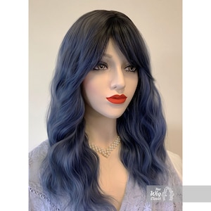 Dark Brown Ash Blue Gray Ombre Wavy Wig with Bangs | Her Wig Closet | Odeta