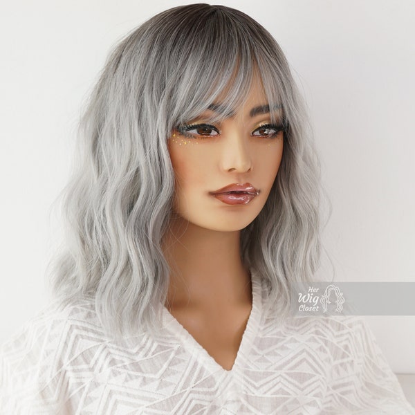 Dark Roots Silber Ombre Wavy Perücke mit Pony | Ihr Perückenschrank | Gold