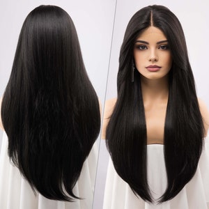 Black Wig with Bangs Lace Front Wig with Curtain Bangs Straight Cosplay Wig Witcher Yennefer Wig Morticia Costume Drag Queen Wig Melody