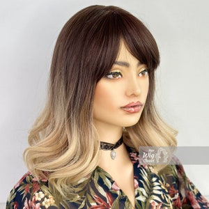 Ash Blonde Ombre Hair Dark Roots Wavy Wig with Bangs Balayage Hair Party Cosplay Wig Drag Queen Hair Loss Alopecia| Her Wig Closet | Brooke