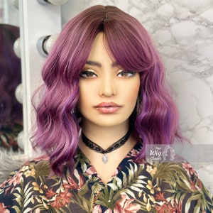 Purple Pink Ombre Wavy Bob Wig With Bangs Her Wig Closet Hair loss Alopecia Cosplay Violet image 2