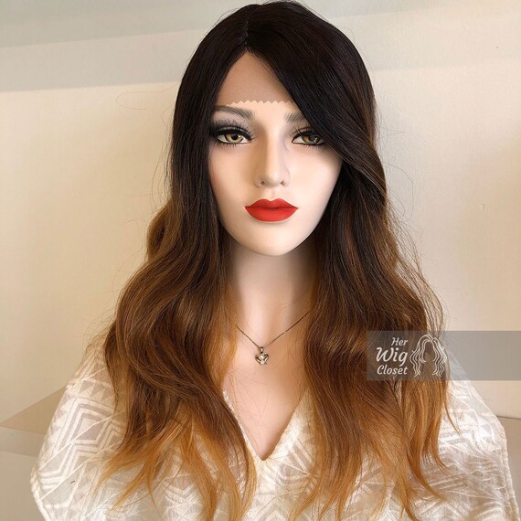 Lace Front Wig Dark Root Light Brown Ombre Natural Wavy Hand Tied Lace Heat Resistant Collin