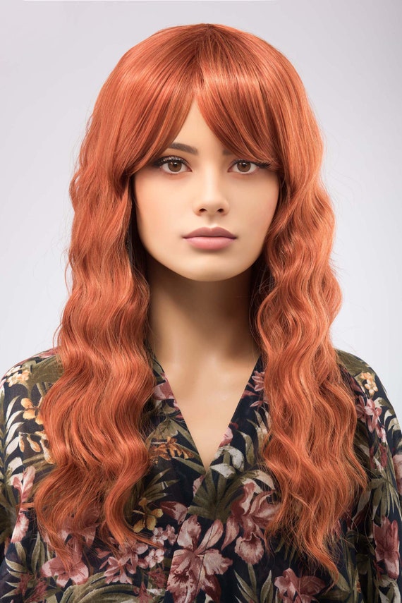 Ginger Orange Auburn Wavy Wig With Bangs - 20 Inch Heat  display picture 1