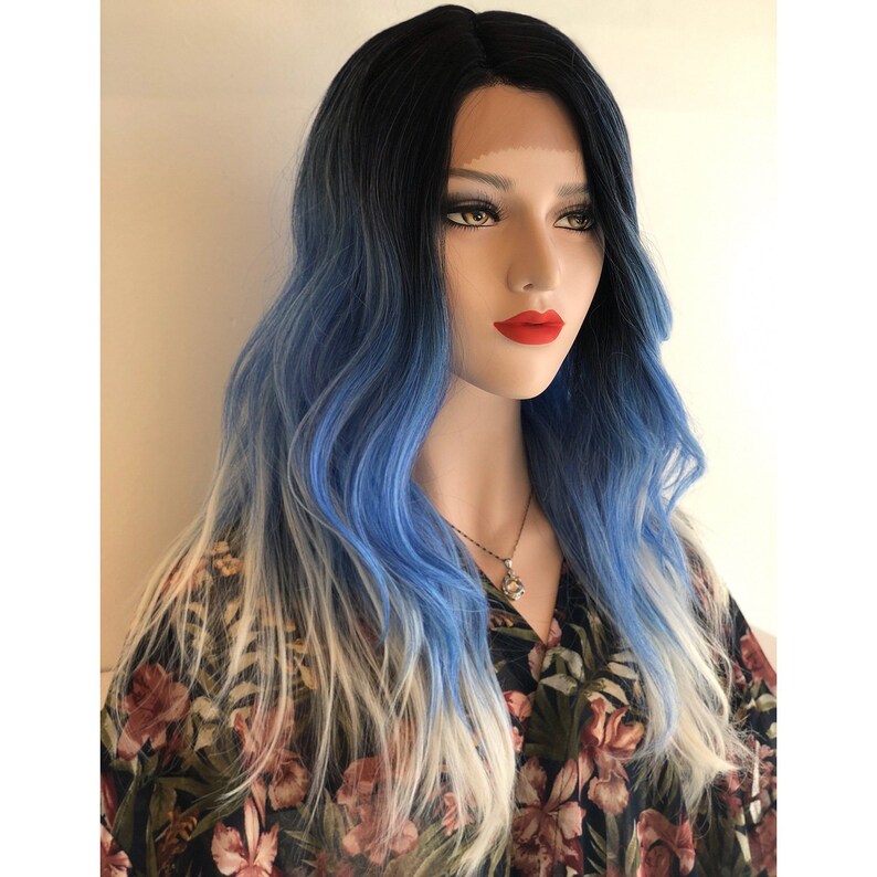 Lace Wig Black Roots Sapphires Blue Silver Ombre Natural Etsy