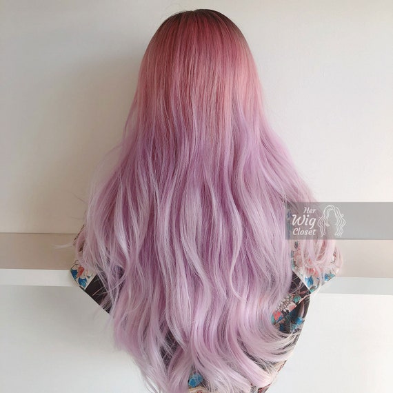 Pastel Pink Purple Wig Dark Roots Pink Purple Ombre Beach Wavy Heat Resistant Kylie