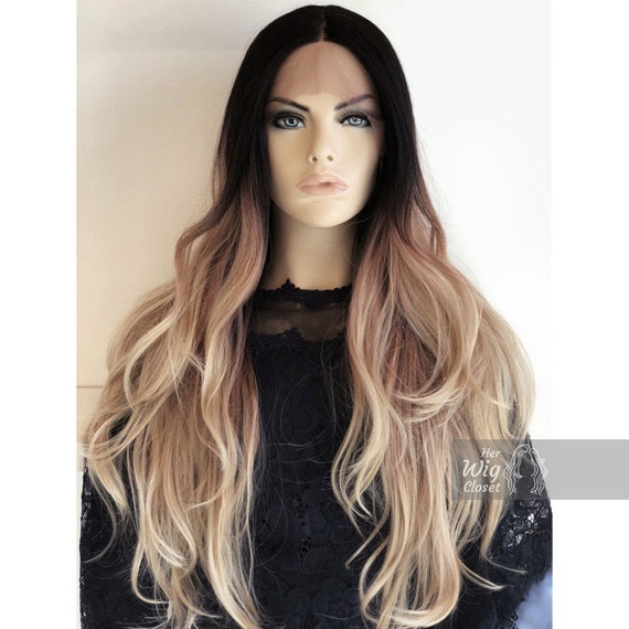 Blonde Lace Front Wig Black Roots Blonde Ombre Hand Tied Etsy