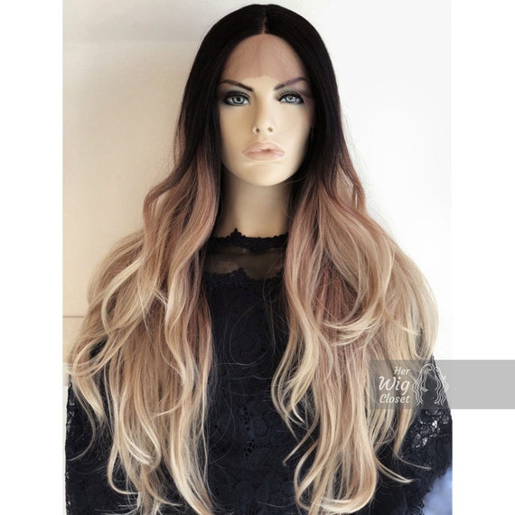 Blonde Lace Front Wig Black Roots Blonde Ombre Hand Tied Lace Chloe