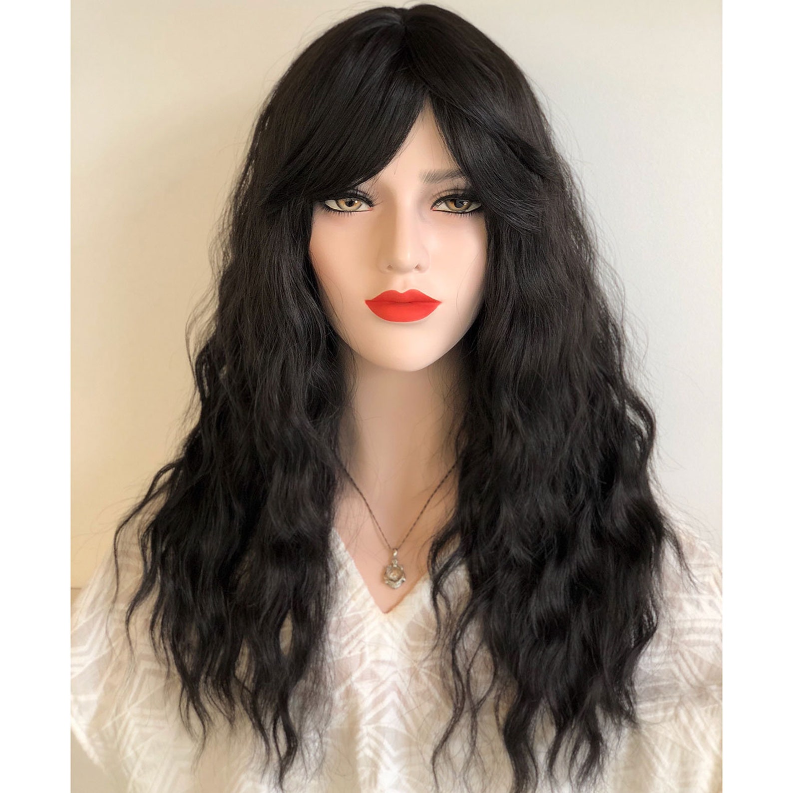 Natural Black Wavy Wig With Bangs Synthetic Wig Gift for Her Etsy
