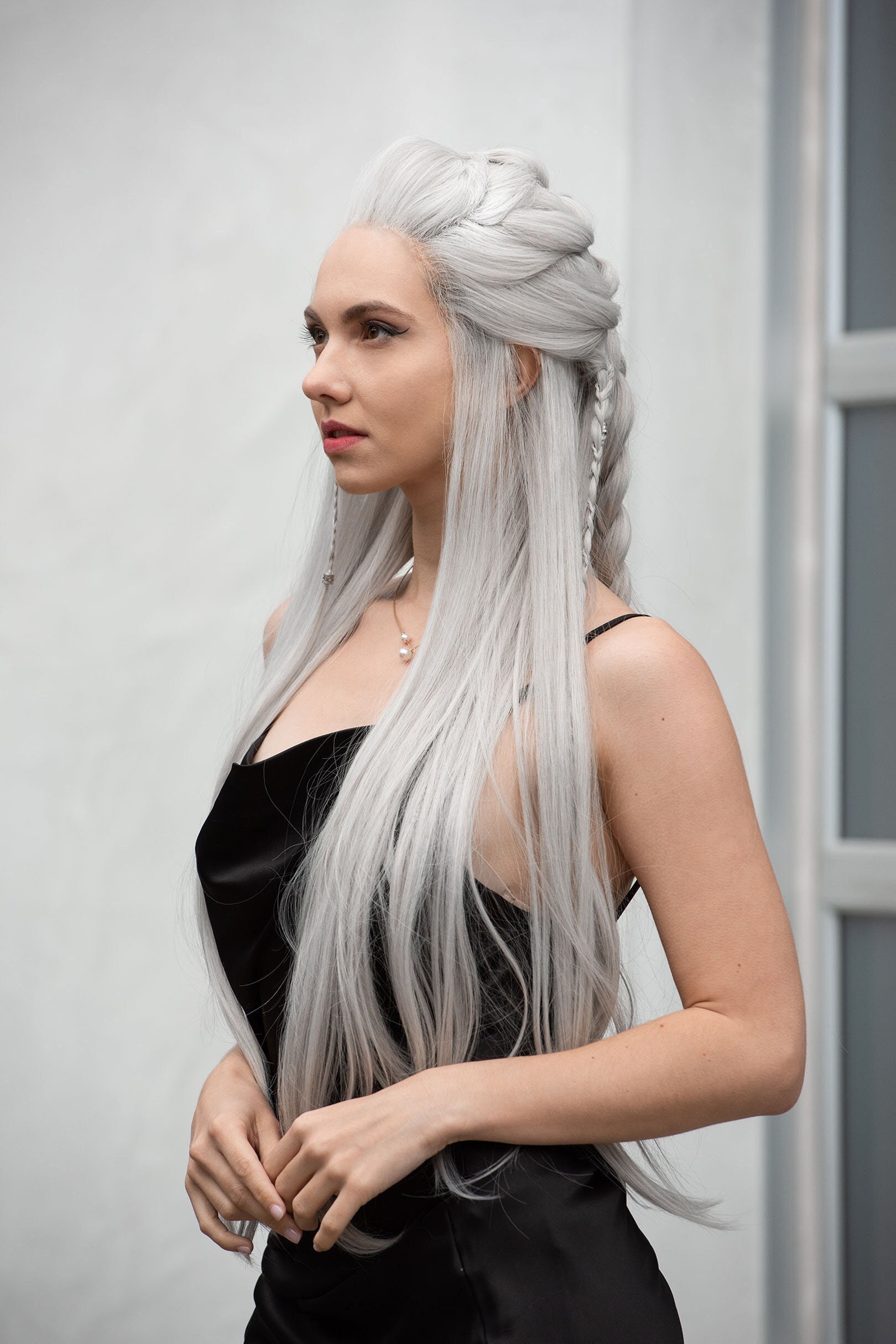 Icy Silver White Braided Lace Front Wig – 32” Viking Braids 